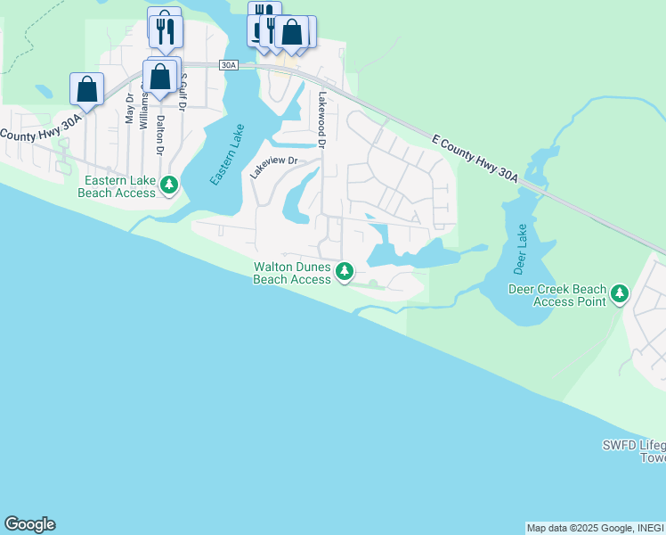 map of restaurants, bars, coffee shops, grocery stores, and more near 396 Lakewood Drive in Santa Rosa Beach
