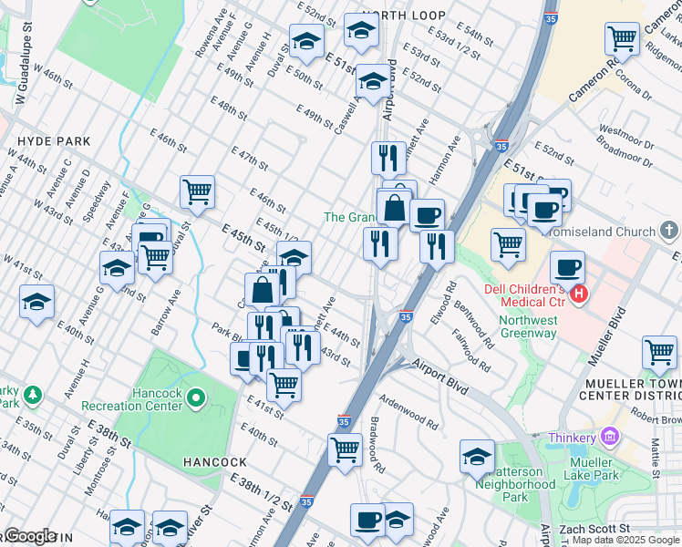 map of restaurants, bars, coffee shops, grocery stores, and more near 4508 Bennett Avenue in Austin