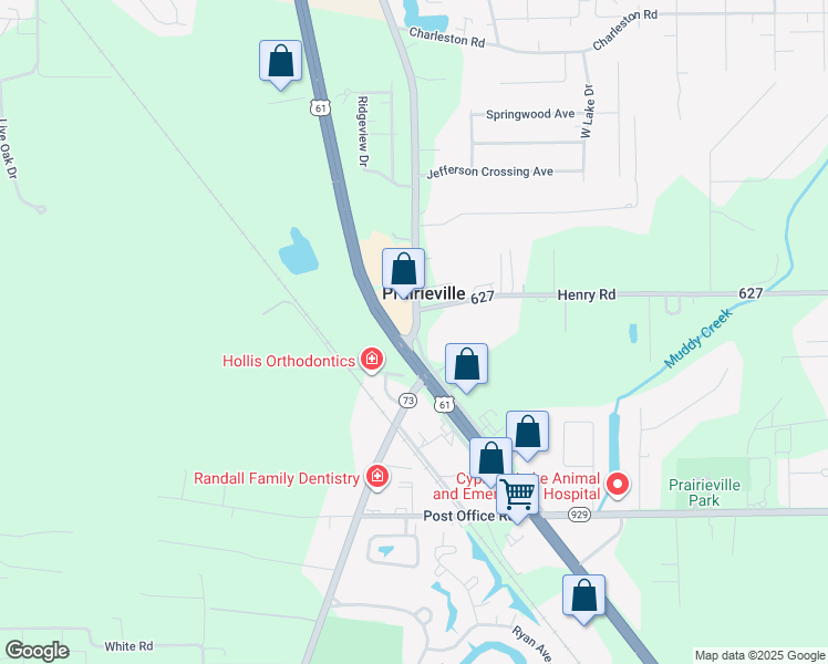 map of restaurants, bars, coffee shops, grocery stores, and more near 16381 Old Jefferson Highway in Prairieville