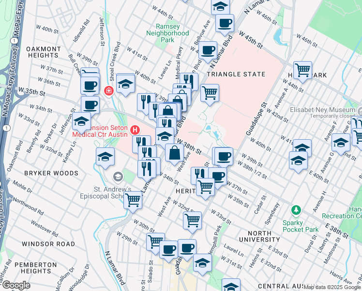 map of restaurants, bars, coffee shops, grocery stores, and more near 3701 North Lamar Boulevard in Austin