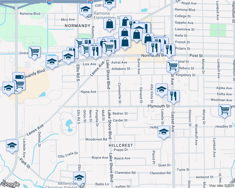 map of restaurants, bars, coffee shops, grocery stores, and more near 5336 Alpha Avenue in Jacksonville