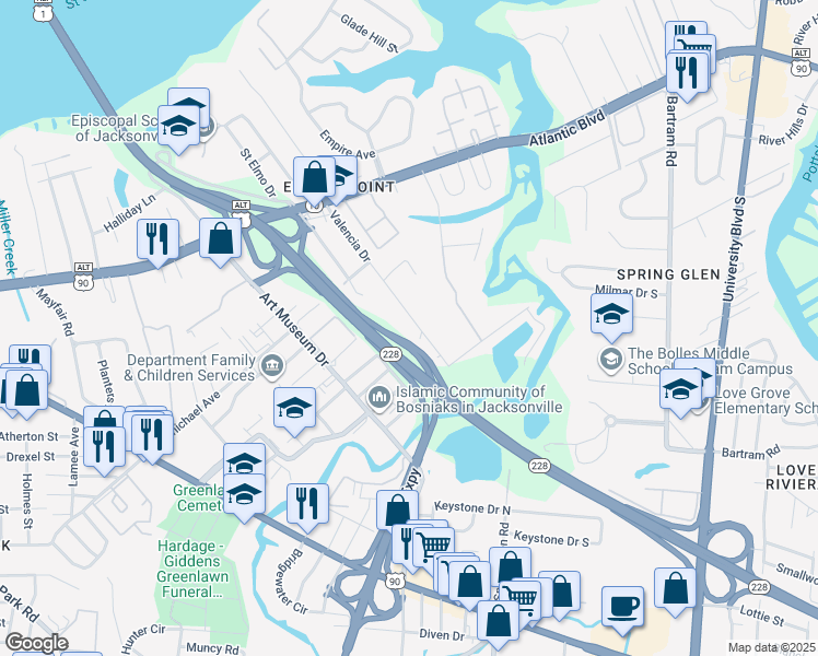 map of restaurants, bars, coffee shops, grocery stores, and more near 2020 Valencia Drive in Jacksonville