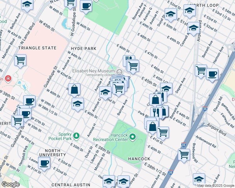 map of restaurants, bars, coffee shops, grocery stores, and more near 417 East 43rd Street in Austin
