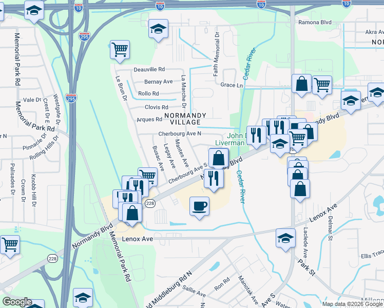 map of restaurants, bars, coffee shops, grocery stores, and more near 1116 La Marche Drive in Jacksonville
