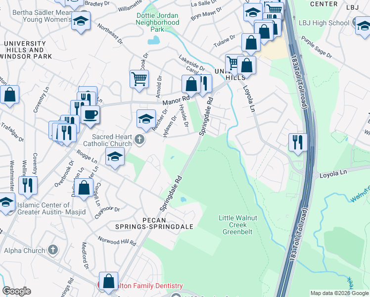 map of restaurants, bars, coffee shops, grocery stores, and more near 6020 Springdale Road in Austin
