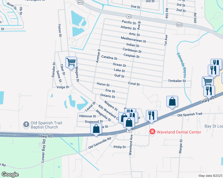 map of restaurants, bars, coffee shops, grocery stores, and more near 1428 Erie Street in Waveland