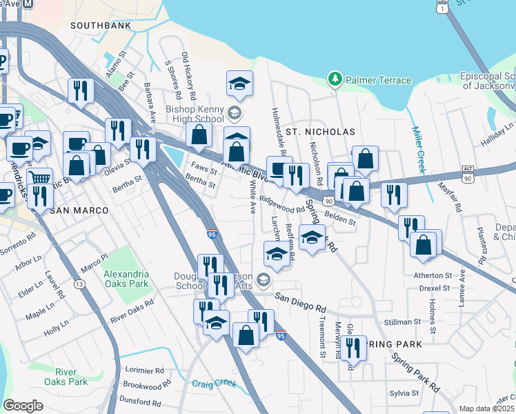 map of restaurants, bars, coffee shops, grocery stores, and more near 2114 Traymore Road in Jacksonville