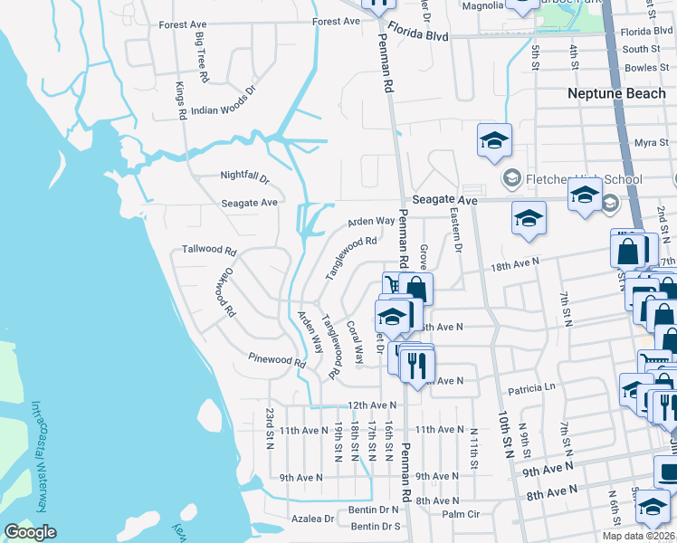 map of restaurants, bars, coffee shops, grocery stores, and more near 1803 Tanglewood Road in Jacksonville Beach