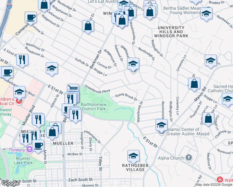 map of restaurants, bars, coffee shops, grocery stores, and more near 1902 Sunny Brook Drive in Austin