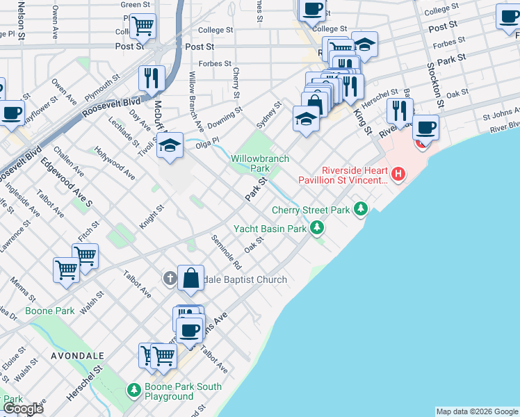 map of restaurants, bars, coffee shops, grocery stores, and more near 1502 McDuff Avenue South in Jacksonville