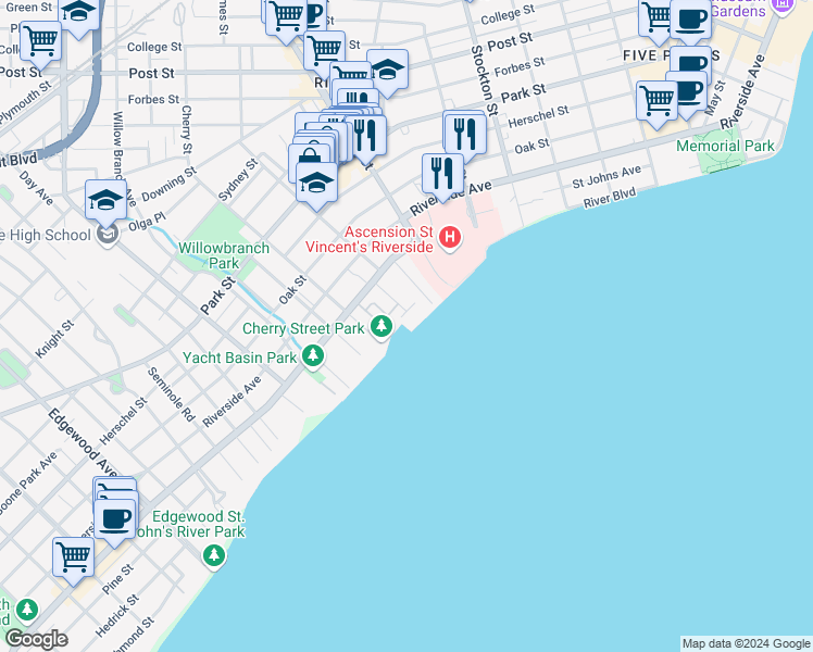 map of restaurants, bars, coffee shops, grocery stores, and more near 2762 Vernon Terrace in Jacksonville