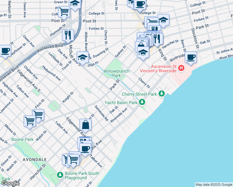 map of restaurants, bars, coffee shops, grocery stores, and more near 1502 McDuff Avenue South in Jacksonville
