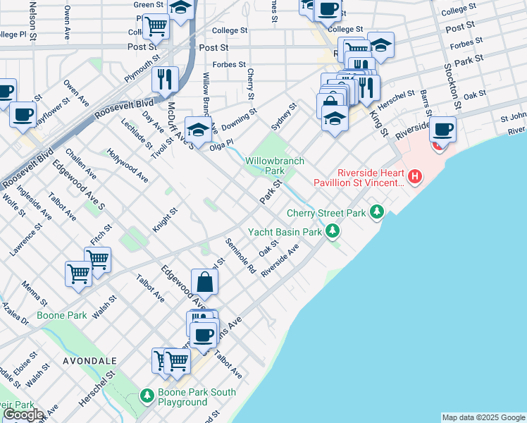 map of restaurants, bars, coffee shops, grocery stores, and more near 1502 McDuff Avenue South in Jacksonville