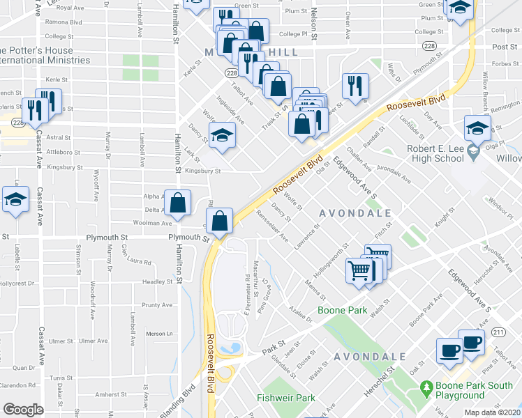 map of restaurants, bars, coffee shops, grocery stores, and more near 1213 Rensselaer Avenue in Jacksonville
