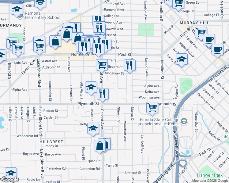 map of restaurants, bars, coffee shops, grocery stores, and more near 4818 Alpha Avenue in Jacksonville