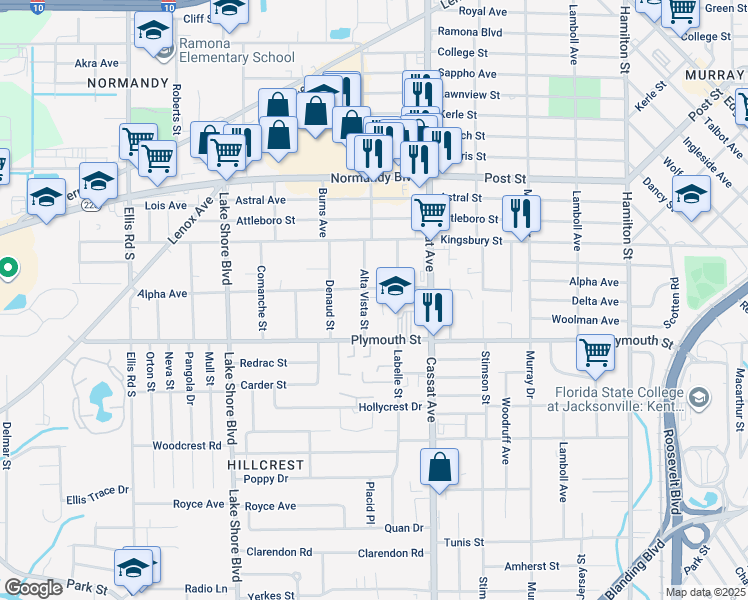 map of restaurants, bars, coffee shops, grocery stores, and more near 1156 Alta Vista Street in Jacksonville