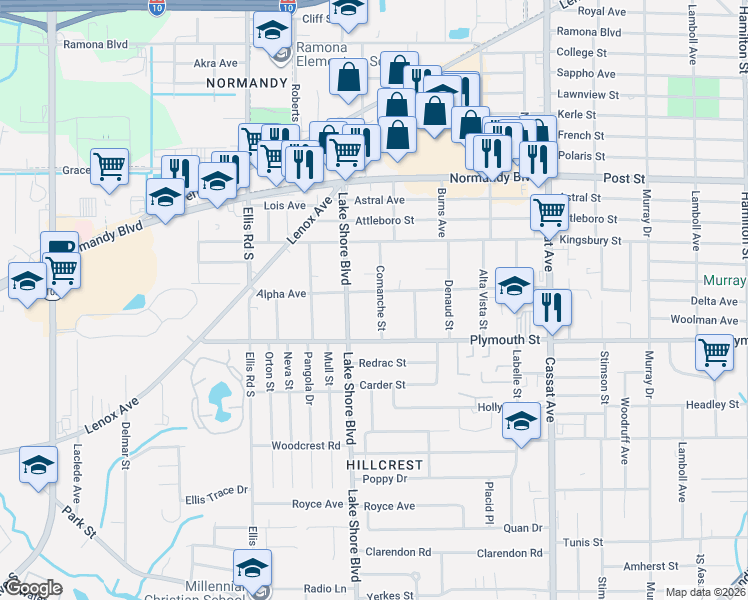 map of restaurants, bars, coffee shops, grocery stores, and more near 5336 Alpha Avenue in Jacksonville