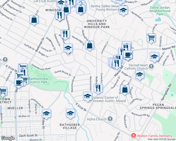 map of restaurants, bars, coffee shops, grocery stores, and more near 5303 Middale Lane in Austin