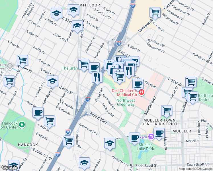 map of restaurants, bars, coffee shops, grocery stores, and more near 1204 Norwood Road in Austin