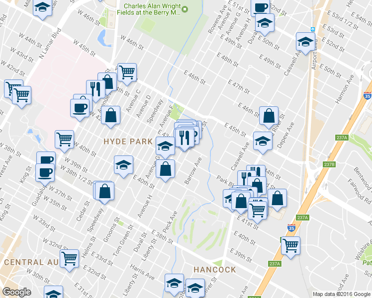 map of restaurants, bars, coffee shops, grocery stores, and more near 4212 Duval Street in Austin