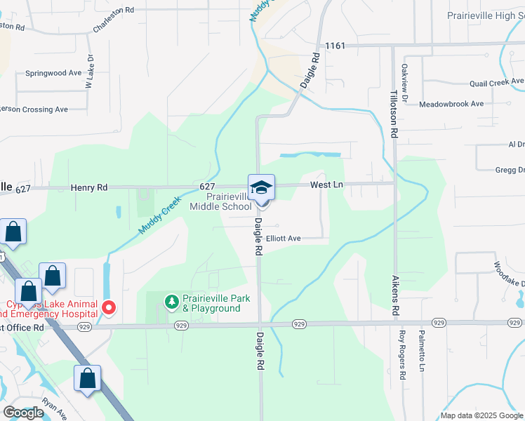 map of restaurants, bars, coffee shops, grocery stores, and more near 16200 Louisiana 930 in Prairieville