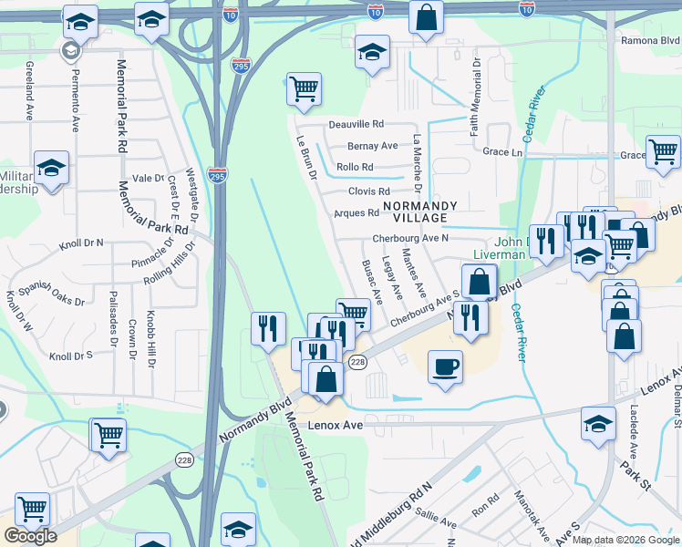 map of restaurants, bars, coffee shops, grocery stores, and more near 1056 Le Brun Drive in Jacksonville