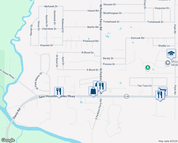map of restaurants, bars, coffee shops, grocery stores, and more near 1715 S Borel Dr in Lake Charles