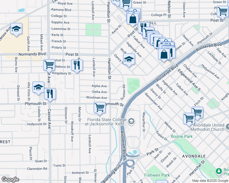 map of restaurants, bars, coffee shops, grocery stores, and more near 4345 Bethwood Circle in Jacksonville