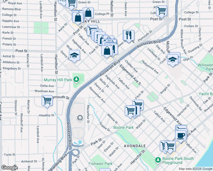 map of restaurants, bars, coffee shops, grocery stores, and more near Randall St & Wolfe St in Jacksonville