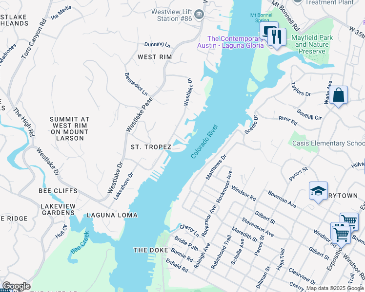 map of restaurants, bars, coffee shops, grocery stores, and more near 2419 Westlake Drive in Austin