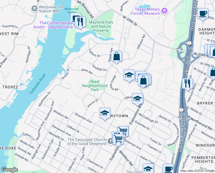 map of restaurants, bars, coffee shops, grocery stores, and more near 2615 Pecos Street in Austin