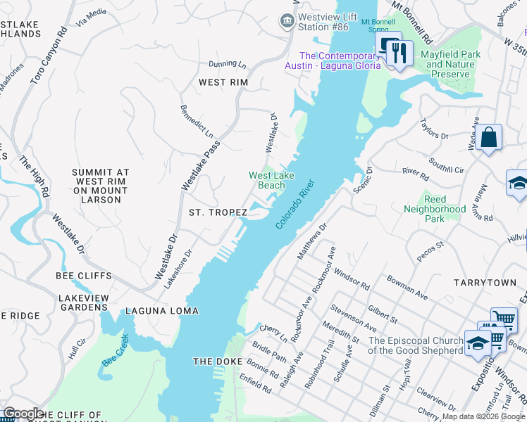 map of restaurants, bars, coffee shops, grocery stores, and more near 2419 Westlake Drive in Austin
