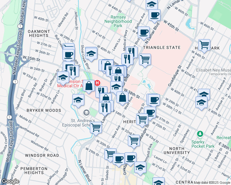 map of restaurants, bars, coffee shops, grocery stores, and more near 3700 North Lamar Boulevard in Austin
