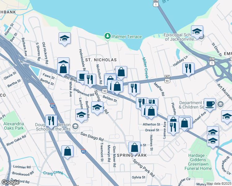 map of restaurants, bars, coffee shops, grocery stores, and more near 3151 U.S. 90 in Jacksonville