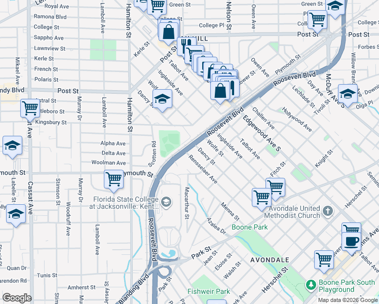 map of restaurants, bars, coffee shops, grocery stores, and more near 1209 Rensselaer Avenue in Jacksonville