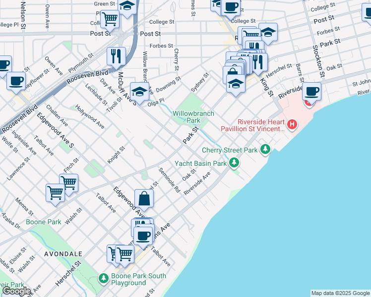 map of restaurants, bars, coffee shops, grocery stores, and more near 1508 McDuff Avenue South in Jacksonville