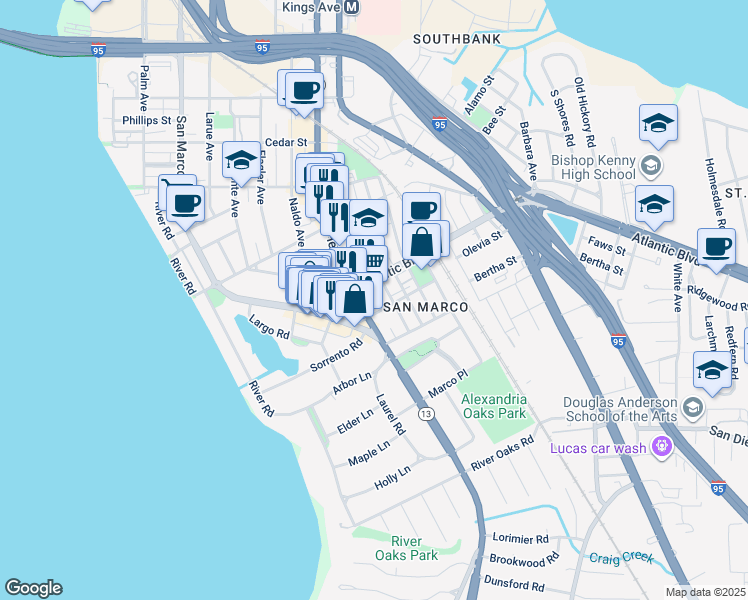 map of restaurants, bars, coffee shops, grocery stores, and more near 2031 Hendricks Avenue in Jacksonville