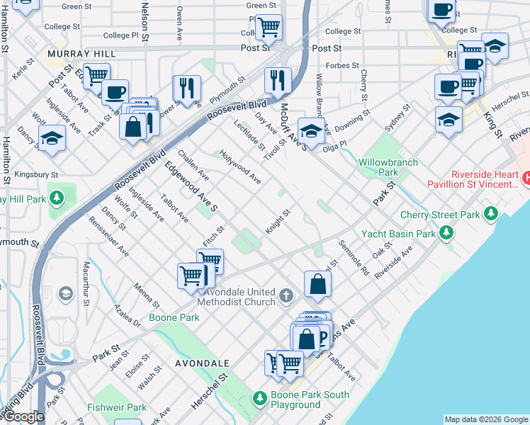 map of restaurants, bars, coffee shops, grocery stores, and more near 1424 Avondale Avenue in Jacksonville