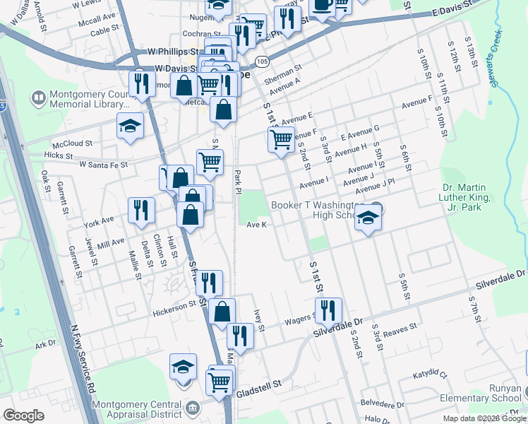 map of restaurants, bars, coffee shops, grocery stores, and more near 624 Crooke Street in Conroe