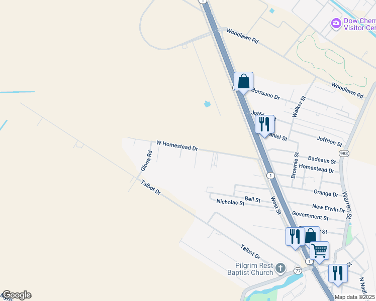 map of restaurants, bars, coffee shops, grocery stores, and more near 58315 West Homestead Drive in Plaquemine