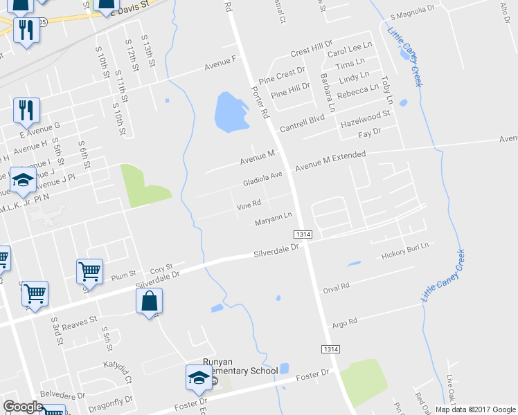 map of restaurants, bars, coffee shops, grocery stores, and more near 1406 Vine Road in Conroe