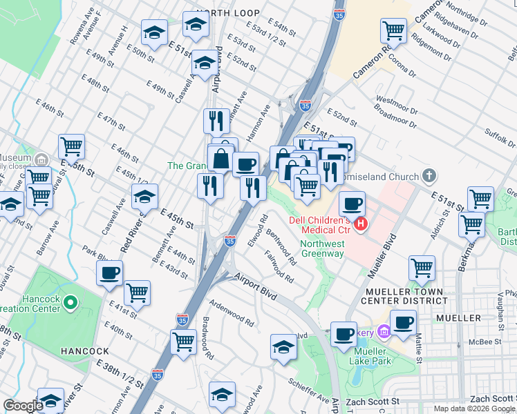 map of restaurants, bars, coffee shops, grocery stores, and more near 4609 North I- 35 Service Road in Austin