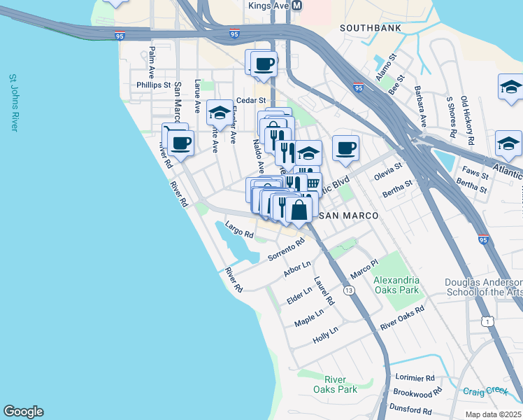 map of restaurants, bars, coffee shops, grocery stores, and more near 1949 San Marco Blvd in Jacksonville