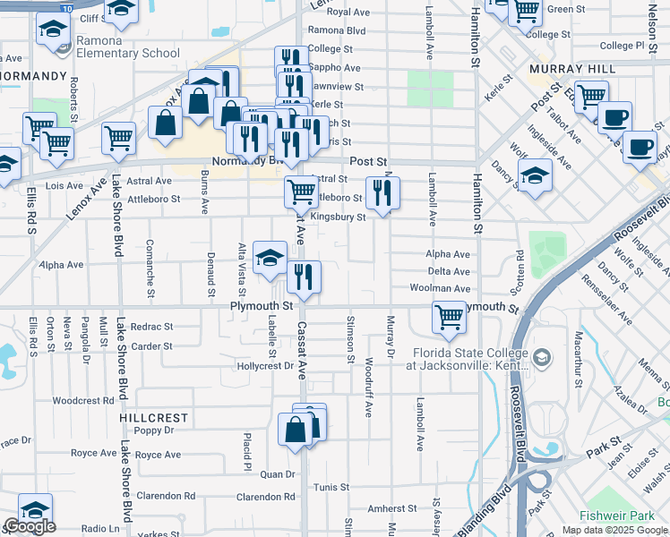 map of restaurants, bars, coffee shops, grocery stores, and more near 4818 Alpha Avenue in Jacksonville