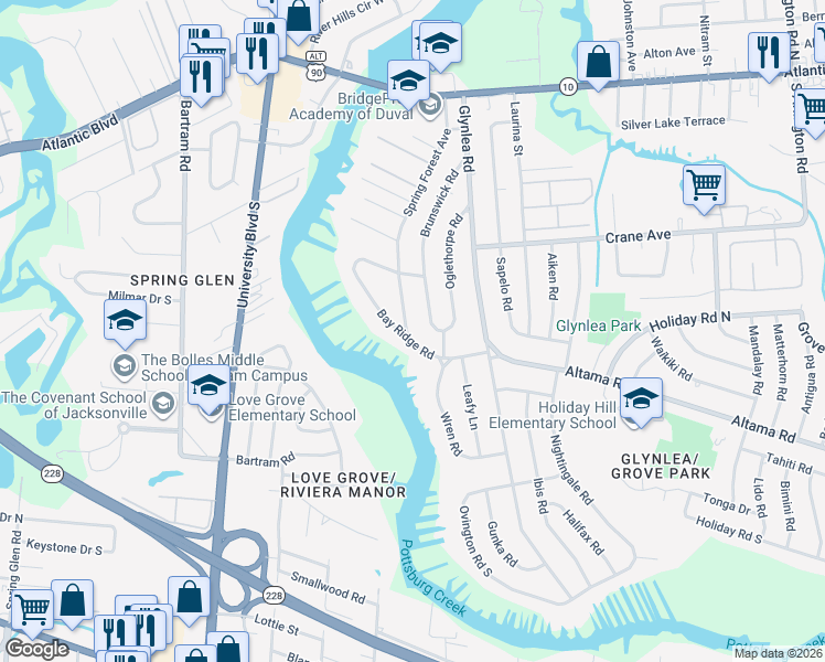 map of restaurants, bars, coffee shops, grocery stores, and more near 6305 Bay Ridge Road in Jacksonville