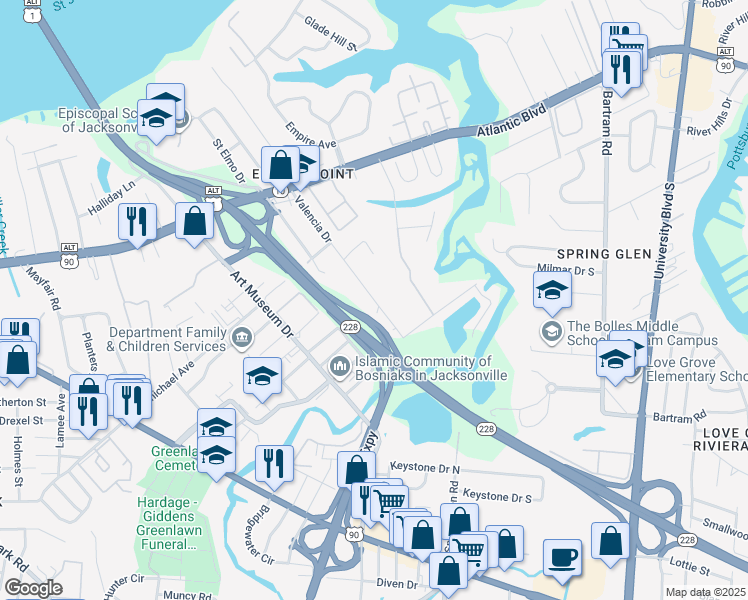 map of restaurants, bars, coffee shops, grocery stores, and more near 2020 Valencia Drive in Jacksonville