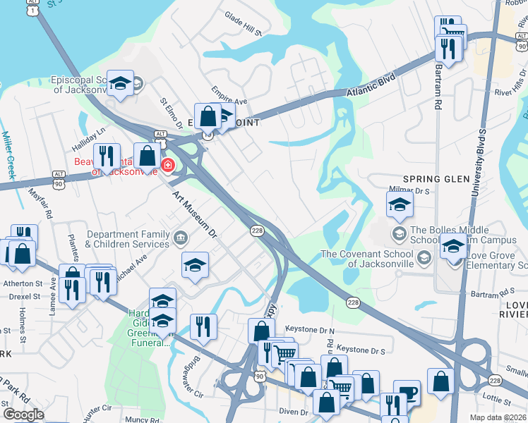 map of restaurants, bars, coffee shops, grocery stores, and more near 2020 Valencia Drive in Jacksonville