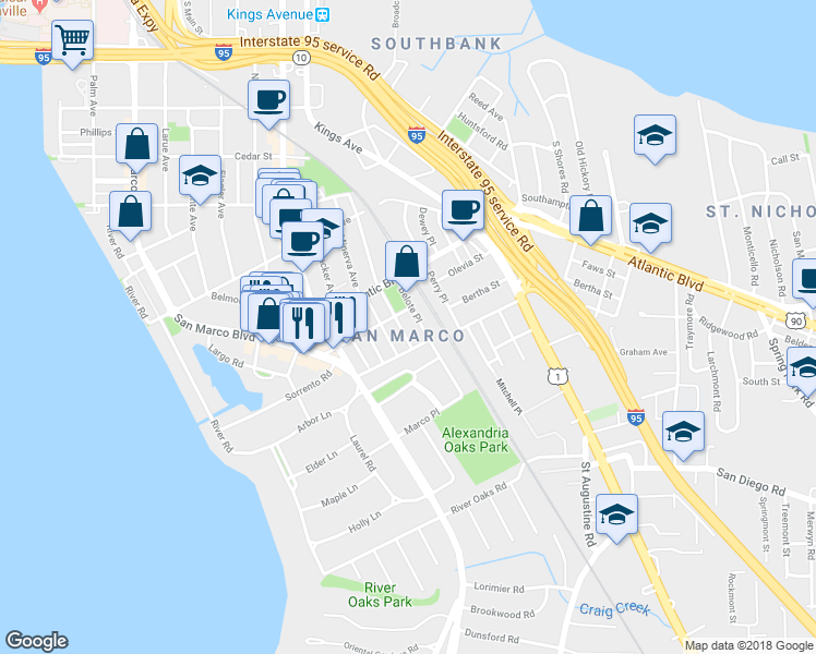 map of restaurants, bars, coffee shops, grocery stores, and more near in Jacksonville