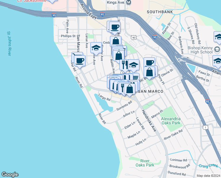 map of restaurants, bars, coffee shops, grocery stores, and more near 1949 San Marco Boulevard in Jacksonville