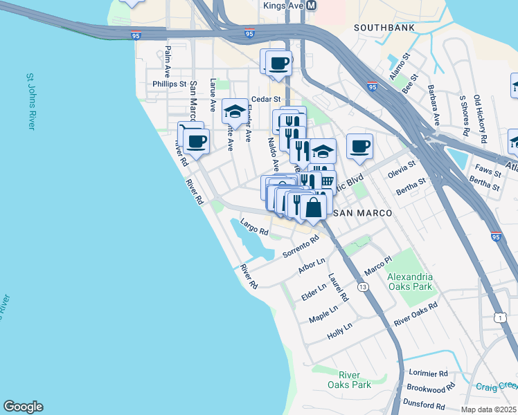 map of restaurants, bars, coffee shops, grocery stores, and more near 1898 San Marco Boulevard in Jacksonville